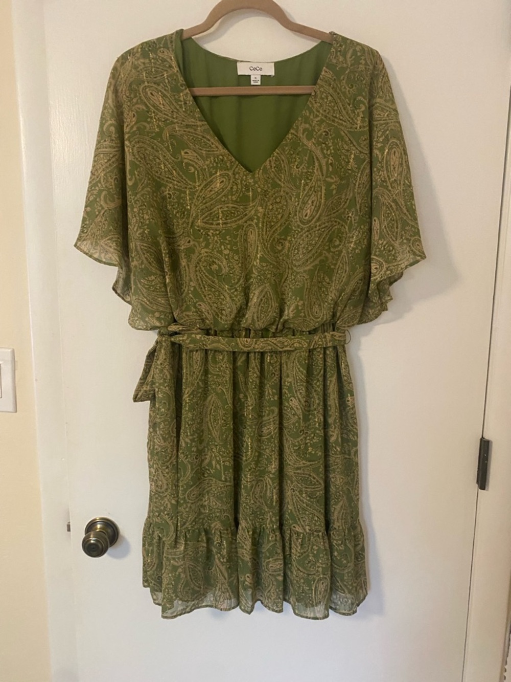 CeCe Olive Paisley V-Neck Belted Midi Dress